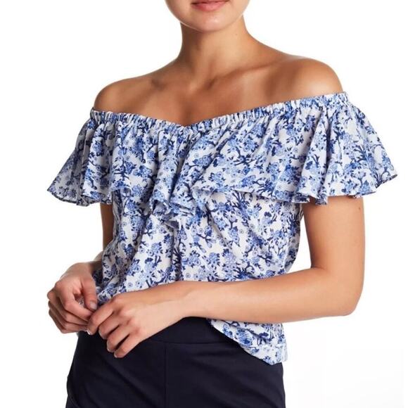 Rebecca Taylor Tops - Rebecca Taylor Aimee Off Shoulder Blue & White Cotton Floral Top Size 4